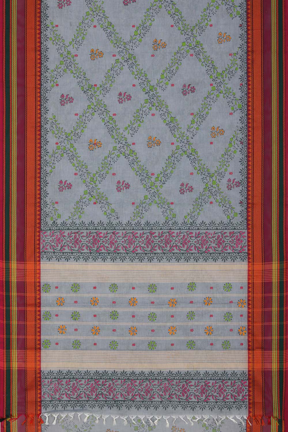 Image of Grey block printed south cotton saree